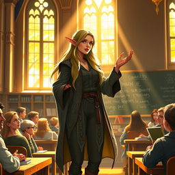 A half-elf female professor standing in front of a university classroom, energetically teaching her lecture