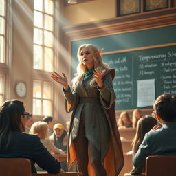 A half-elf female professor standing in front of a university classroom, energetically teaching her lecture