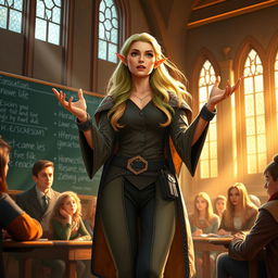 A half-elf female professor standing in front of a university classroom, energetically teaching her lecture