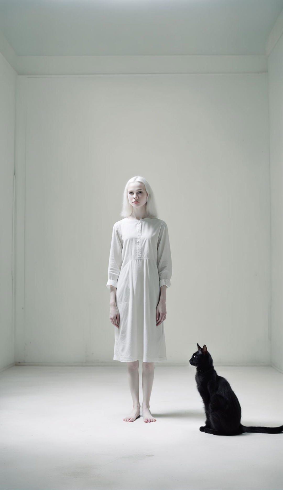 Albino teen in white dress in minimalist room with black cat; raw, unedited photograph in low light.