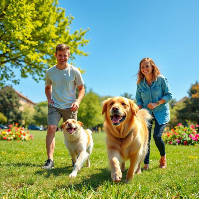 A delightful scene featuring a dog, its owner, and his wife happily enjoying a sunny day at the park