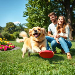 A delightful scene featuring a dog, its owner, and his wife happily enjoying a sunny day at the park