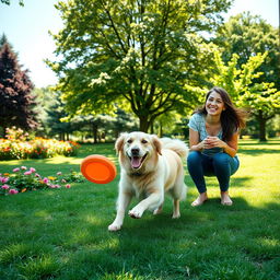 A delightful scene featuring a dog, its owner, and his wife happily enjoying a sunny day at the park