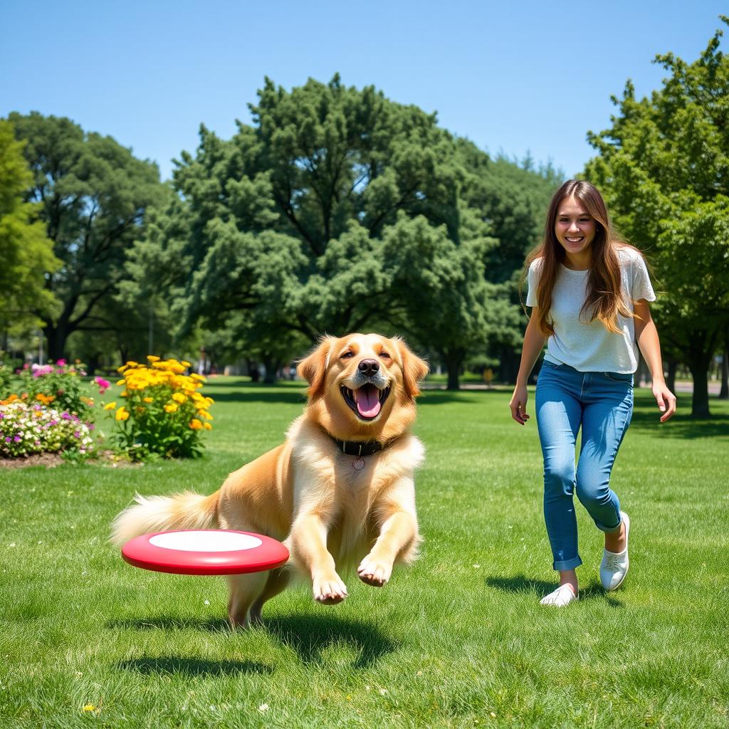 A delightful scene featuring a dog, its owner, and his wife happily enjoying a sunny day at the park