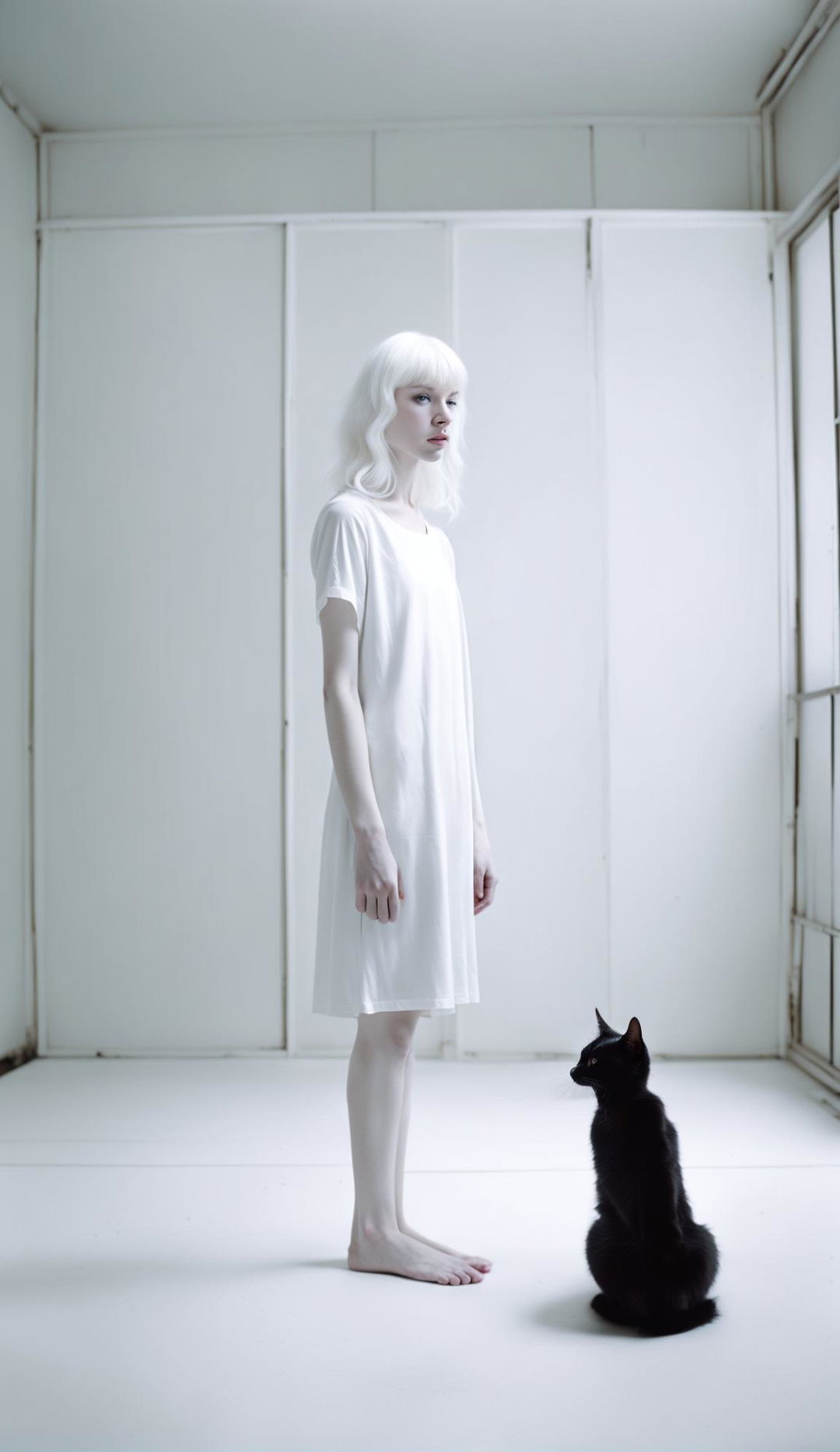 Thin albino teen with long hair in white dress in minimalist room with black cat; raw, unedited photograph in low light, ultra HD.