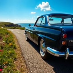 A stunning Forte Opala car, adorned in a sleek midnight blue color, parked on a scenic coastal road