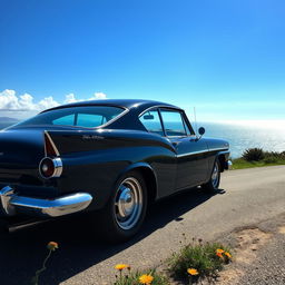A stunning Forte Opala car, adorned in a sleek midnight blue color, parked on a scenic coastal road