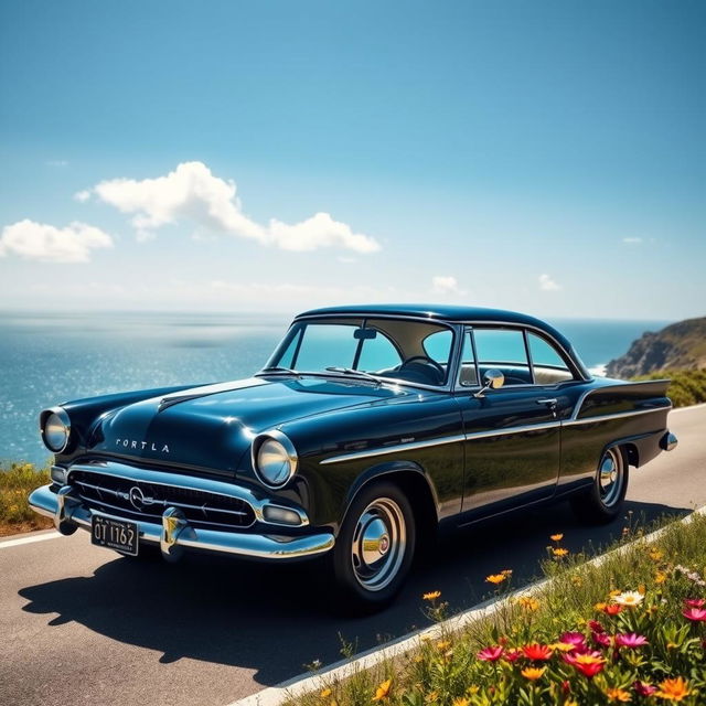 A stunning Forte Opala car, adorned in a sleek midnight blue color, parked on a scenic coastal road