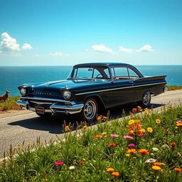 A stunning Forte Opala car, adorned in a sleek midnight blue color, parked on a scenic coastal road