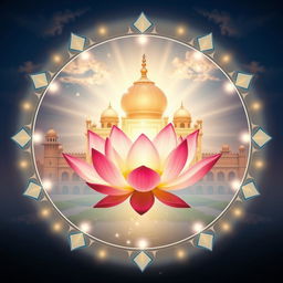 Un emblema religioso que simboliza un reino indio, presentando una flor de loto flotante en el centro, rodeada de una luminosa luz de colores que irradia espiritualidad y paz