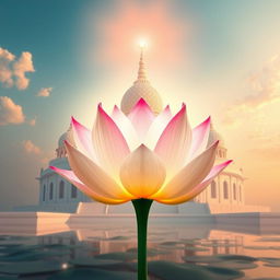 Un emblema religioso que simboliza un reino indio, presentando una flor de loto flotante en el centro, rodeada de una luminosa luz de colores que irradia espiritualidad y paz