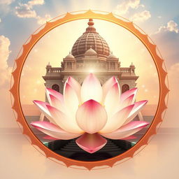 Un emblema religioso que simboliza un reino indio, presentando una flor de loto flotante en el centro, rodeada de una luminosa luz de colores que irradia espiritualidad y paz