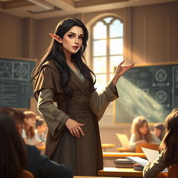 A half-elf female professor with long, flowing dark hair standing confidently in front of a university classroom, passionately teaching her lecture