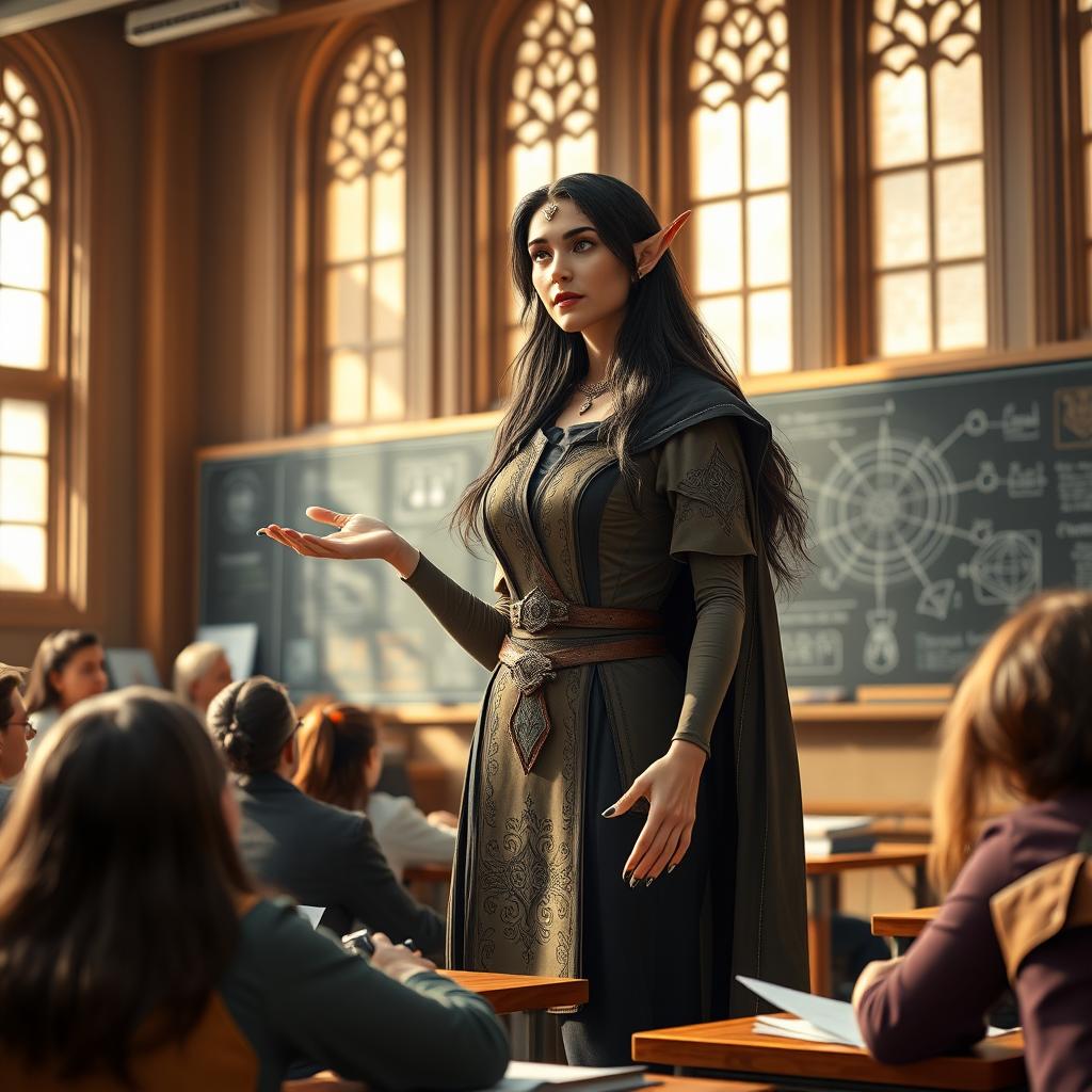 A half-elf female professor with long, flowing dark hair standing confidently in front of a university classroom, passionately teaching her lecture