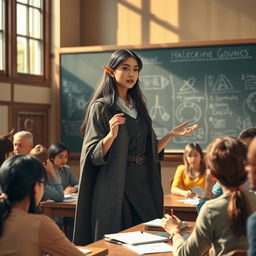 A half-elf female professor with long, flowing dark hair standing confidently in front of a university classroom, passionately teaching her lecture