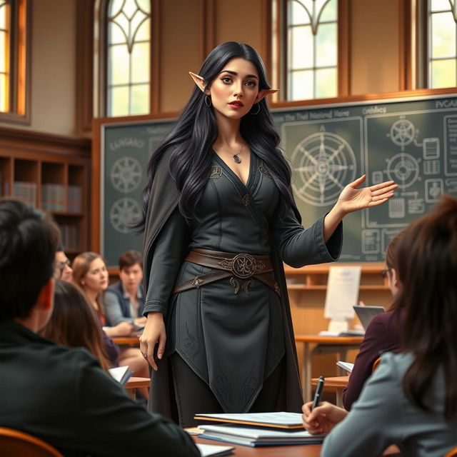 A half-elf female professor with long, flowing dark hair standing confidently in front of a university classroom, passionately teaching her lecture