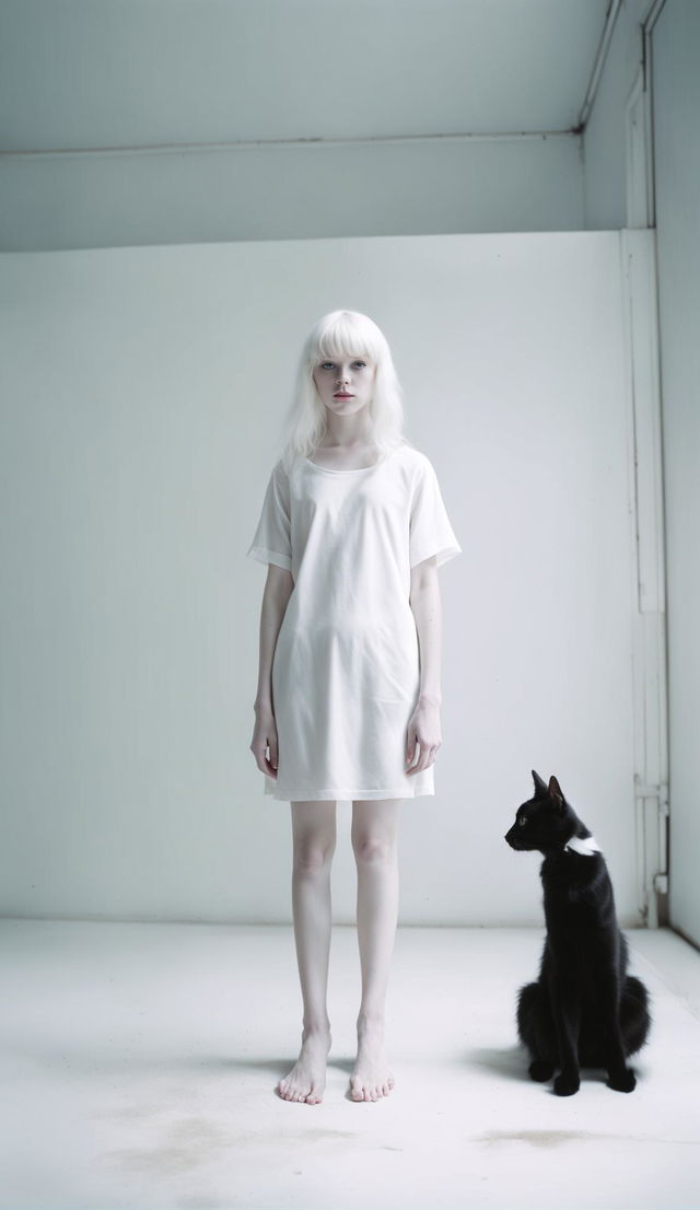 Thin albino teen with long hair in white dress in minimalist room with black cat; raw, unedited photograph in low light, ultra HD.