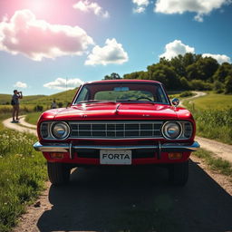 A striking Forte Opala, a celebrated classic car, showcased in an open countryside setting