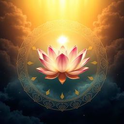 Un emblema impresionante que representa un reino religioso indio, con una flor de loto flotante en el centro, rodeada de una radiante luz de colores que simboliza la espiritualidad y la armonía