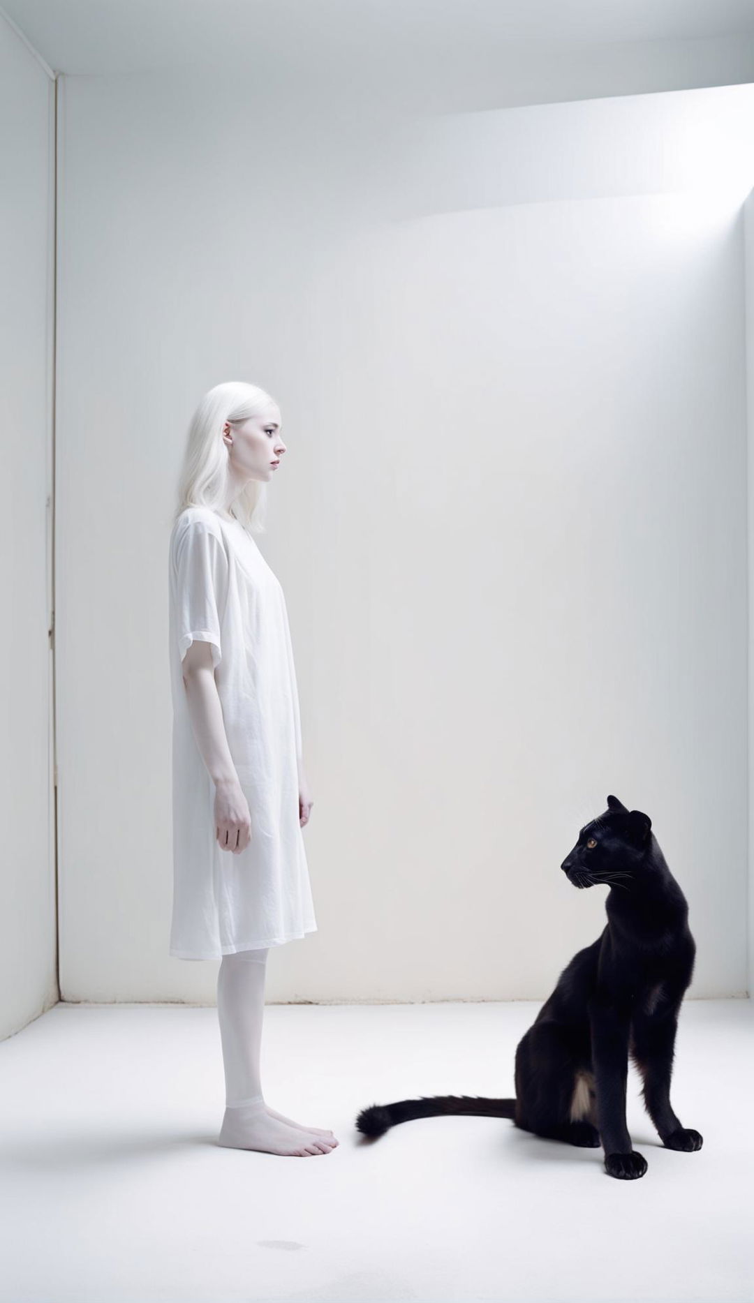 Thin albino teen with long hair in white dress in minimalist room with black panther; raw, unedited photograph in low light, ultra HD.