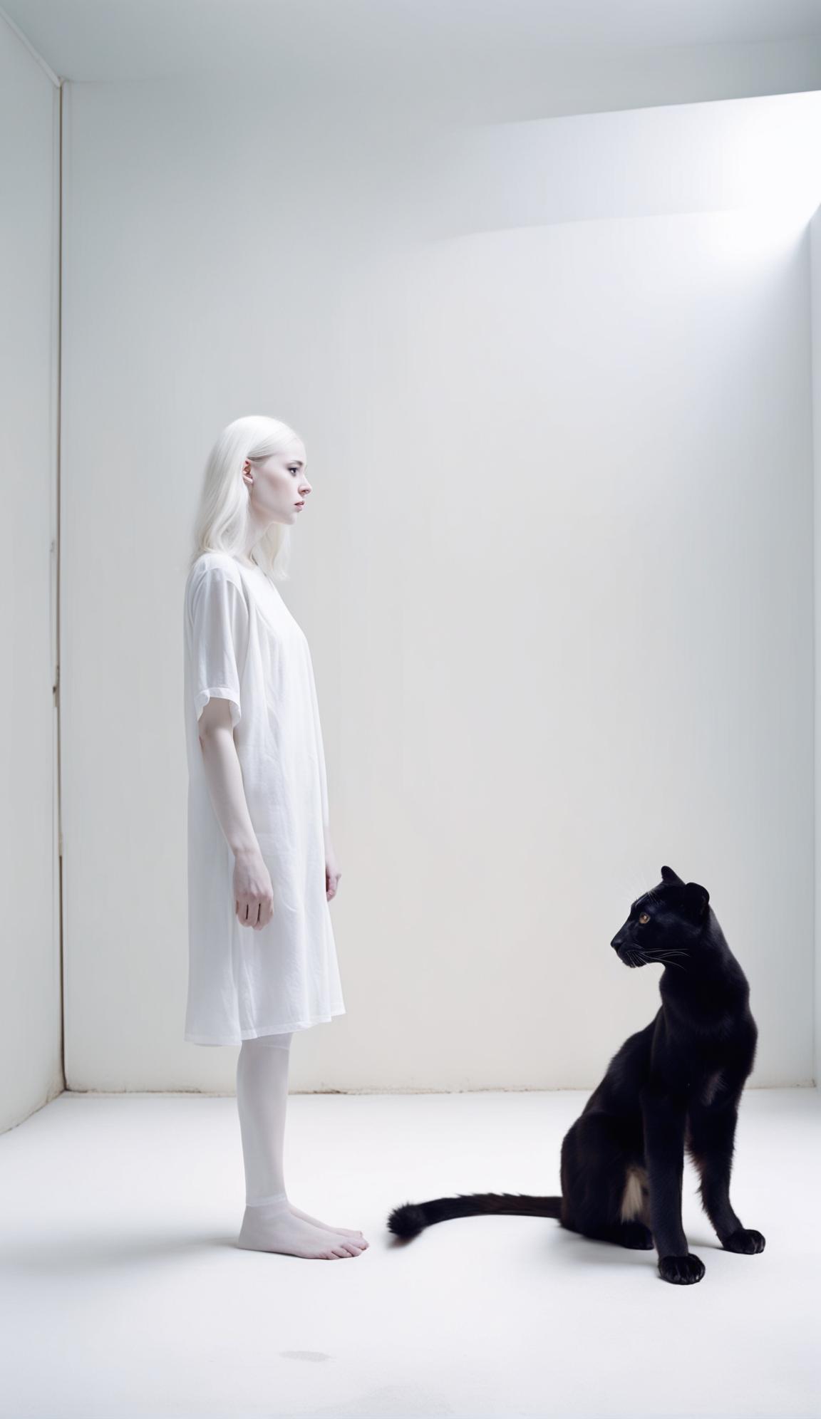 Thin albino teen with long hair in white dress in minimalist room with black panther; raw, unedited photograph in low light, ultra HD.