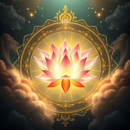 Un emblema impresionante que representa un reino religioso indio, con una flor de loto flotante en el centro, rodeada de una radiante luz de colores que simboliza la espiritualidad y la armonía