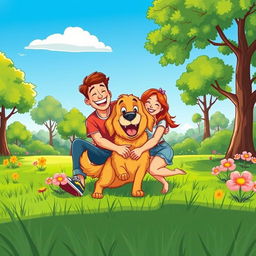 A cheerful cartoon-style illustration of a dog, its owner, and his wife happily enjoying a sunny day at the park