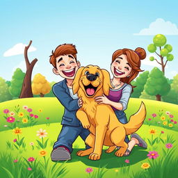 A cheerful cartoon-style illustration of a dog, its owner, and his wife happily enjoying a sunny day at the park