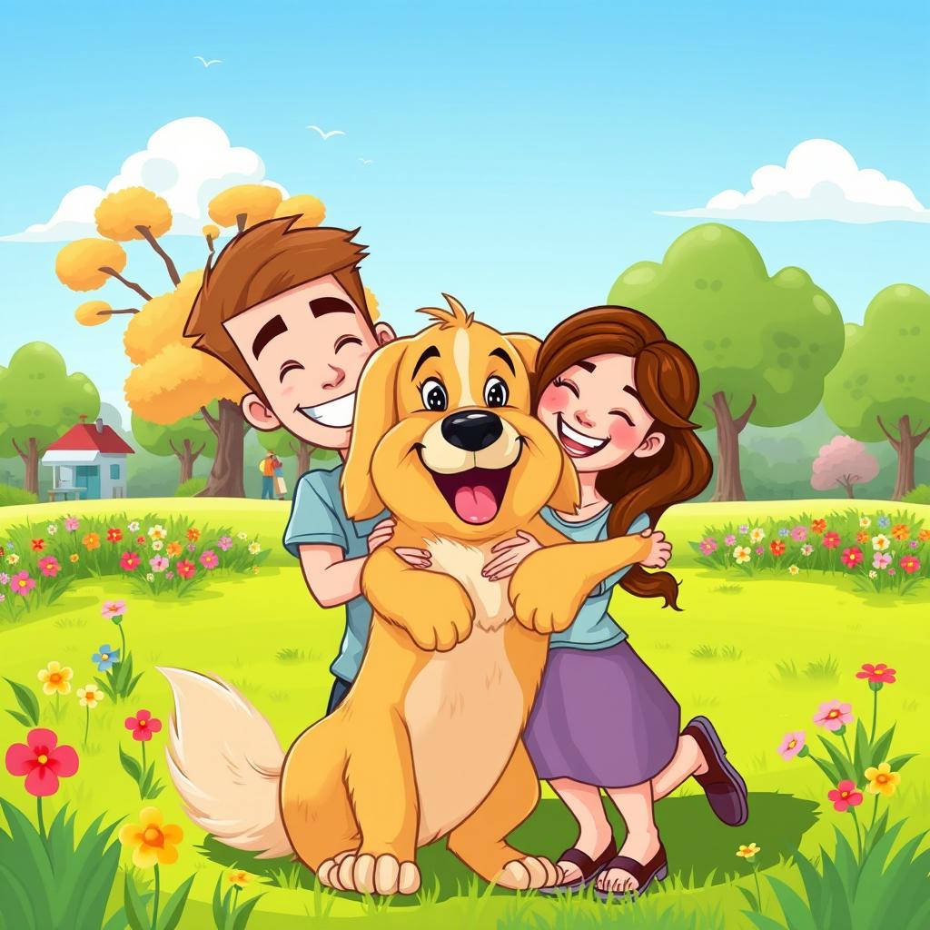 A cheerful cartoon-style illustration of a dog, its owner, and his wife happily enjoying a sunny day at the park