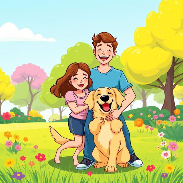 A cheerful cartoon-style illustration of a dog, its owner, and his wife happily enjoying a sunny day at the park