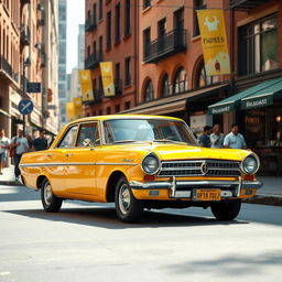 A vintage Forte Opala, showcased in a radiant shade of bright yellow, stands proudly in an urban setting