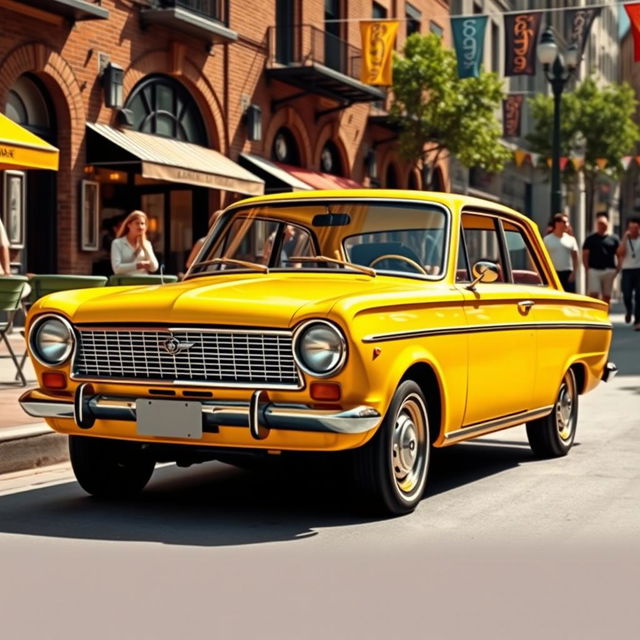 A vintage Forte Opala, showcased in a radiant shade of bright yellow, stands proudly in an urban setting