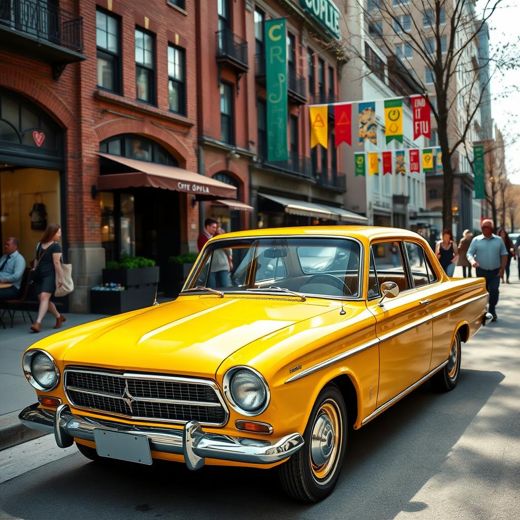 A vintage Forte Opala, showcased in a radiant shade of bright yellow, stands proudly in an urban setting