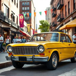 A vintage Forte Opala, showcased in a radiant shade of bright yellow, stands proudly in an urban setting