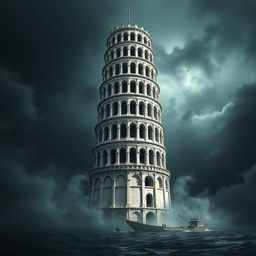 Un emblema para un reino semiaquático indio con una dominante torre alta, de un tono blanco grisáceo, que se eleva majestuosamente