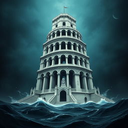 Un emblema impactante que representa un reino subacuático indio maligno, con una torre alta de un blanco grisáceo que se eleva majestuosamente desde el fondo del océano