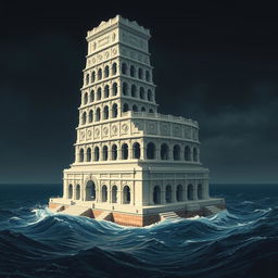 Un emblema impactante que representa un reino subacuático indio maligno, con una torre alta de un blanco grisáceo que se eleva majestuosamente desde el fondo del océano