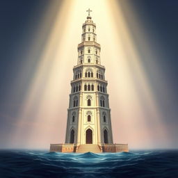 Un emblema exquisito de un reino subacuático indio, presentando una torre alta y cilíndrica de un blanco grisáceo que se eleva majestuosa desde el fondo del océano