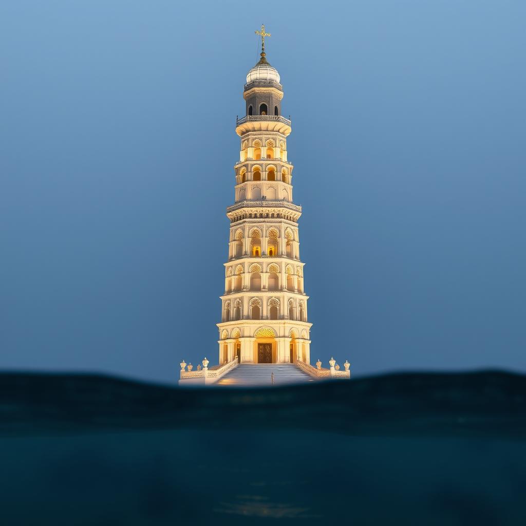 Un emblema exquisito de un reino subacuático indio, presentando una torre alta y cilíndrica de un blanco grisáceo que se eleva majestuosa desde el fondo del océano