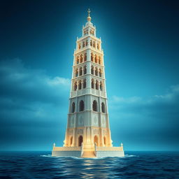 Un emblema exquisito de un reino subacuático indio, presentando una torre alta y cilíndrica de un blanco grisáceo que se eleva majestuosa desde el fondo del océano