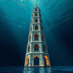 Un emblema vibrante de un reino subacuático indio, mostrando una torre alta y cilíndrica de un blanco grisáceo, que se alza majestuosamente bajo el agua