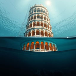Un emblema vibrante de un reino subacuático indio, mostrando una torre alta y cilíndrica de un blanco grisáceo, que se alza majestuosamente bajo el agua