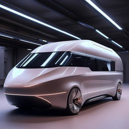 A state-of-the-art, cutting edge futuristic van featuring sleek lines, innovative technology and striking aesthetics.