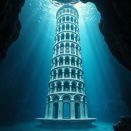 Un emblema vibrante de un reino subacuático indio, mostrando una torre alta y cilíndrica de un blanco grisáceo, que se alza majestuosamente bajo el agua