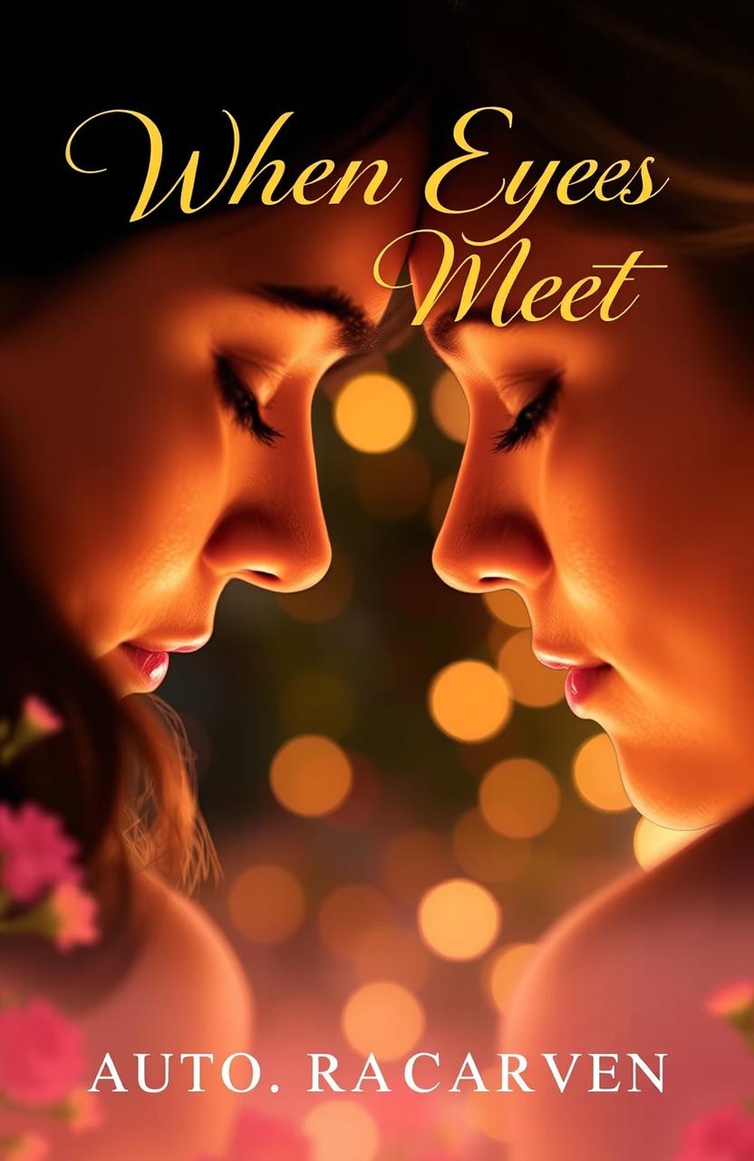 A captivating and romantic novel cover for 'When Eyes Meet', featuring a close-up of two pairs of eyes gazing deeply into each other, embodying emotions of longing and connection