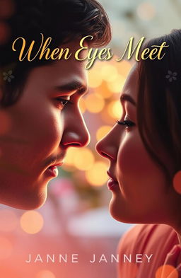 A captivating and romantic novel cover for 'When Eyes Meet', featuring a close-up of two pairs of eyes gazing deeply into each other, embodying emotions of longing and connection