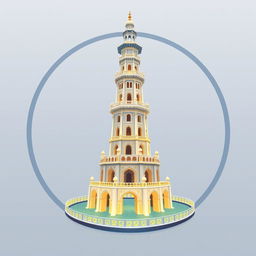 Un emblema representativo de un reino subacuático indio, que muestra una torre alta y cilíndrica de un blanco grisáceo, rodeada por un marco circular