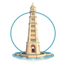 Un emblema representativo de un reino subacuático indio, que muestra una torre alta y cilíndrica de un blanco grisáceo, rodeada por un marco circular