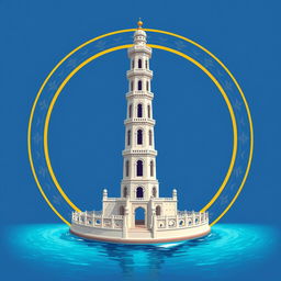 Un emblema representativo de un reino subacuático indio, que muestra una torre alta y cilíndrica de un blanco grisáceo, rodeada por un marco circular