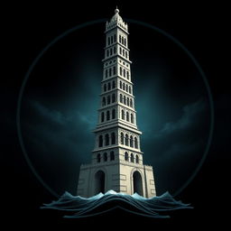 Un emblema dramático y cautivador de un reino subacuático indio, que presenta una torre alta y cilíndrica de un blanco grisáceo, erigiéndose en un entorno marino oscuro y misterioso